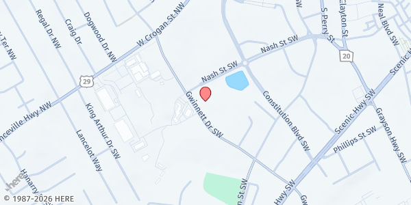 Map showing Lawrenceville Cooperative Ministry, Inc. at 52 Gwinnett Drive, Lawrenceville, GA