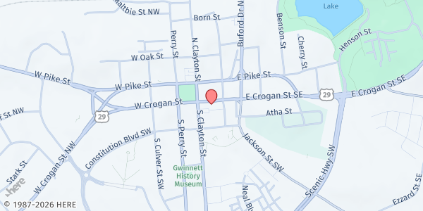 Map showing Rhodes Jordan Park - Gwinnett Mobile Pantry Distribution Site at 100 East Crogan Street, Lawrenceville, GA