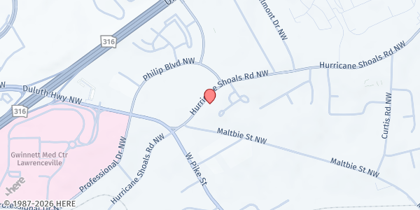 Map showing The Quinn House at 555 Hurricane Shoals Rd NW, Lawrenceville, GA