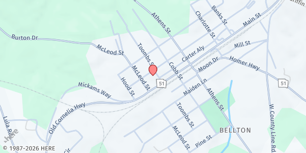 Map showing Lula United Methodist Church - Shared Blessings at 5915 Toombs St., Lula, GA