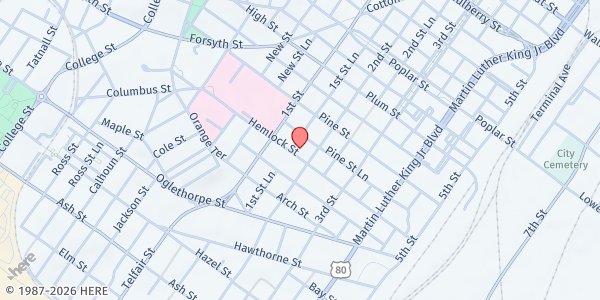 Map showing Birth Center for Natural Deliveries at 639 Hemlock Street, Macon, GA