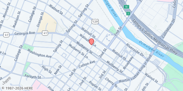 Map showing Macon Outreach at Mulberry UMC at 267 1st Street, Macon, GA