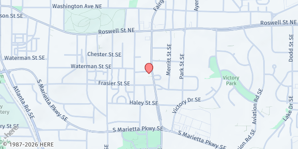 Map showing First Christian Church (Disciples of Christ) at 569 Frasier St. SE, Marietta, GA