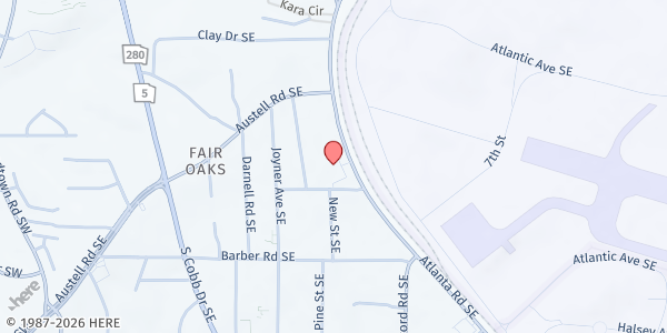 Map showing First Christian Church Food Pantry at 569 Frasier Street Southeast, Marietta, GA