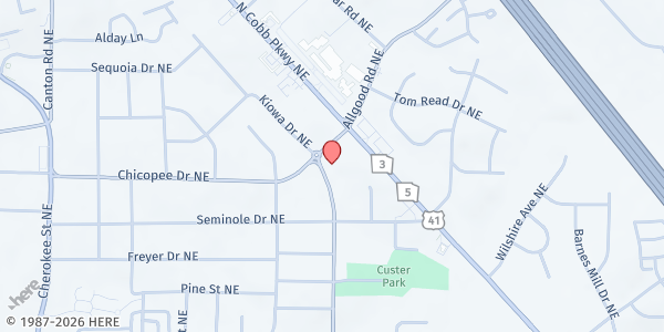 Map showing Hillcrest Apartments YMCA Food Distribution at 642 Allgood Rd. NE, Marietta, GA