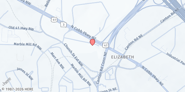 Map showing Loaves & Fishes Community Kitchen at 55 Elizabeth Church Rd., Marietta, GA