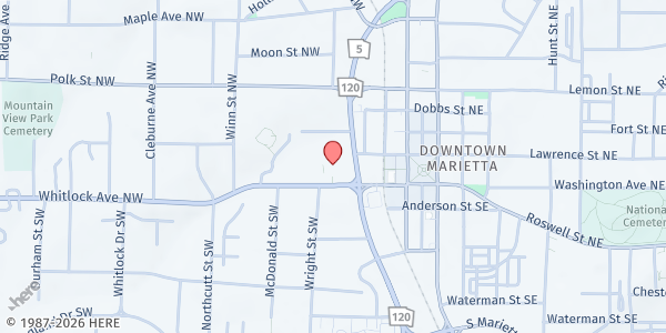 Map showing Marietta First UMC at 56 Whitlock Avenue Northwest, Marietta, GA