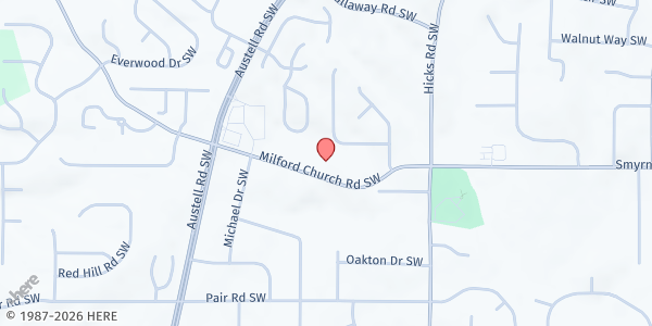 Map showing Milford Baptist Church at 1030 Milford Church Road Southwest, Marietta, GA