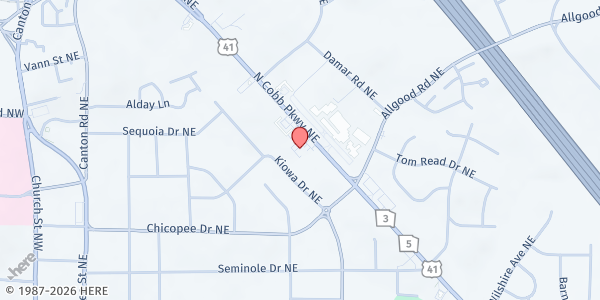 Map showing MUST Ministries Mobile Pantry - White Columns Inn at 801 Cobb Pkwy. N., Marietta, GA