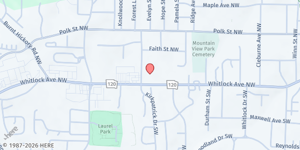 Map showing Pleasant Grove Baptist Church at 566 Whitlock Ave. NW, Marietta, GA