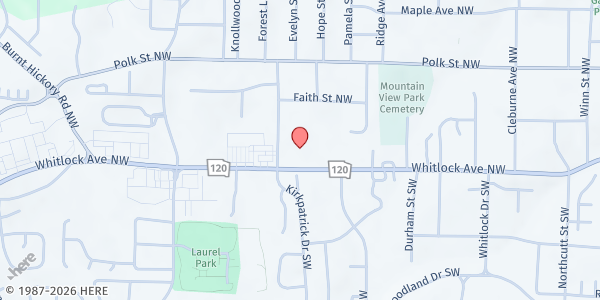 Map showing Pleasant Grove Missionary Bapt. Church at 566 Whitlock Avenue Southwest, Marietta, GA