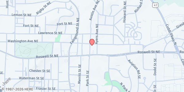 Map showing Providence Community Baptist Church at 38 Austin Ave NE, Marietta, GA