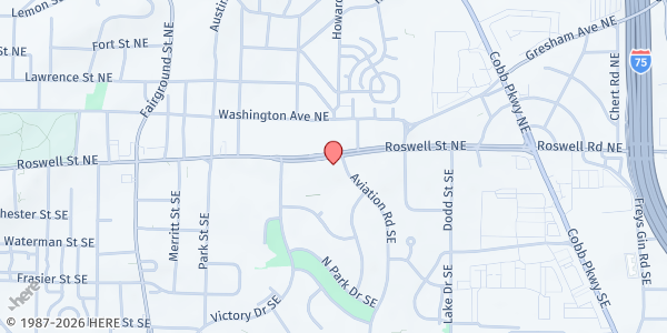 Map showing Roswell Street Baptist Church at 74 Roswell St. NE, Marietta, GA