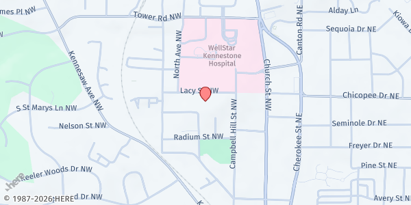 Map showing St. Joseph Catholic Church at 87 Lacy Street NW, Marietta, GA