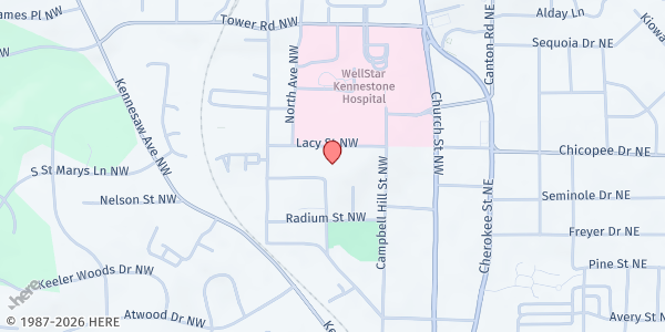Map showing SVDP St Joseph Church at 87 Lacy St NW, Marietta, GA