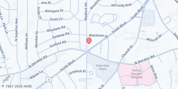 Map showing North Decatur Presbyterian Church at 611 Medlock Road, Medlock Park, GA
