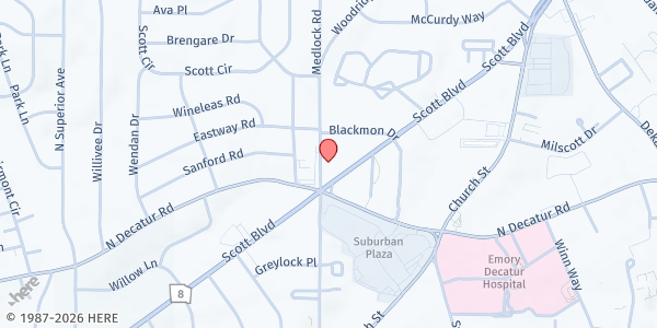 Map showing North Decatur Presbyterian Church - Community Fridge/Pantry at 611 Medlock Road, Medlock Park, GA