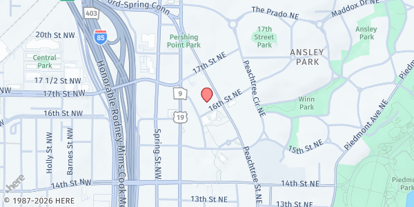 Map showing First Presbyterian Church of Atlanta at 1328 Peachtree Street Northeast, Midtown Atlanta, GA