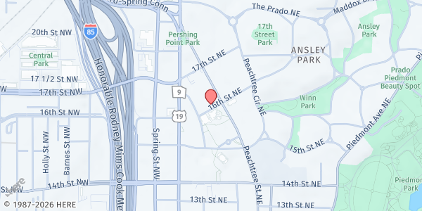 Map showing First Presbyterian Church of Atlanta at 1328 Peachtree Street Northeast, Midtown Atlanta, GA