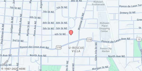 Map showing HOPE Atlanta - Women's Community Kitchen at 458 Ponce De Leon Avenue Northeast, Midtown Atlanta, GA