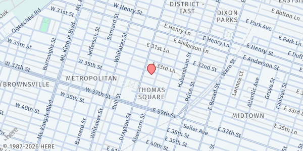 Map showing Masjid Jihad at 117 East 34th Street, Midtown, GA