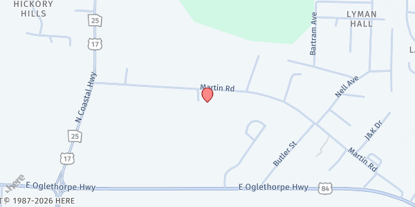 Map showing New Life Family Church at 435 Martin Rd., Midway, GA