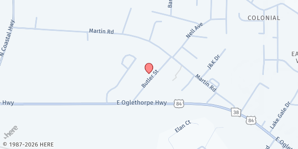 Map showing The Center Ministries, Inc. at 150 Butler Ave Suite D, Midway, GA