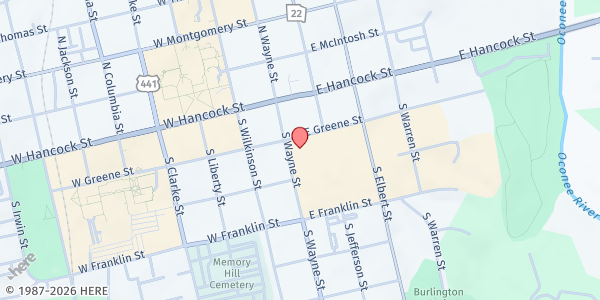 Map showing First Presbyterian Church at 210 S. Wayne St., Milledgeville, GA