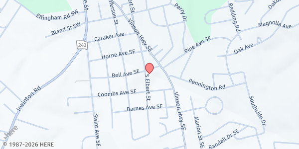 Map showing Wesley Chapel AME Church at 425 Bell Ave. SE, Milledgeville, GA