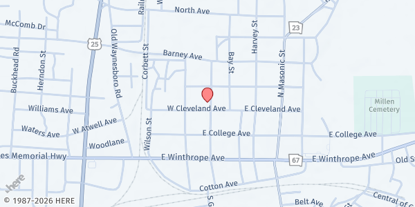 Map showing Millen United Methodist Church at 413 N. Gray St., Millen, GA