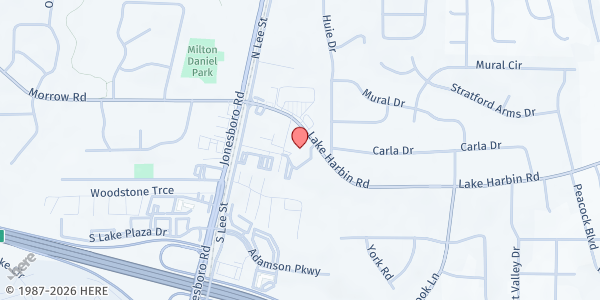 Map showing First Baptist Church of Morrow at 1647 Lake Harbin Rd., Morrow, GA