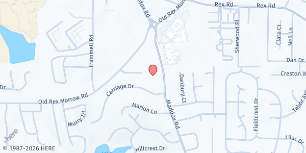 Map showing God's Glorious Church at 6021 Maddox Road, Morrow, GA