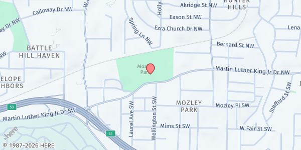 Map showing Go Church Mobile Pantry-Mozley Park Atlanta at 1565 Martin Luther King Junior Drive Southwest, Mozley Park, GA