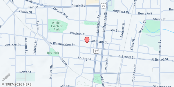 Map showing First Baptist Church of Newnan at 15 W. Washington St., Newnan, GA