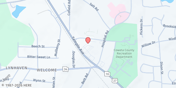 Map showing One Roof Ecumenical Alliance Outreach at 255 Temple Avenue, Newnan, GA