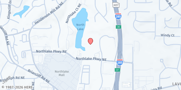 Map showing DeKalb County- SNAP local office at 2300 Parklake Drive Northeast, Northlake, GA