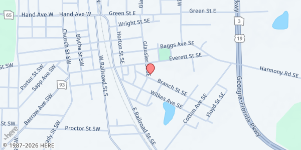 Map showing First Born Methodist Church at 218 Branch Street Southeast, Pelham, GA