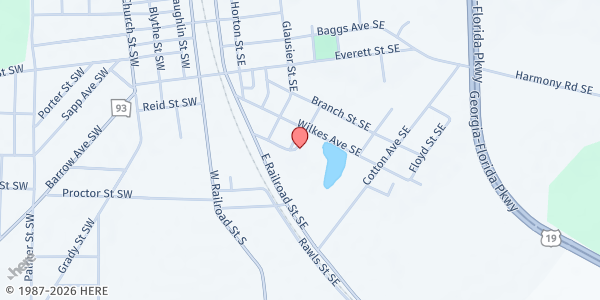 Map showing Mitchell County Food Bank And Help Center at 238 Mill Street Southeast, Pelham, GA