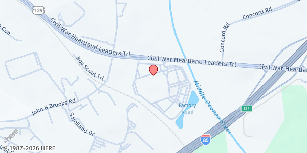Map showing iServe Ministries - Pendergrass Distribution at 5641 US-129, Pendergrass, GA