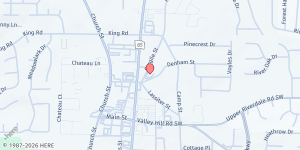 Map showing Victory in Christ Ministries at 635 Denham St., Riverdale, GA