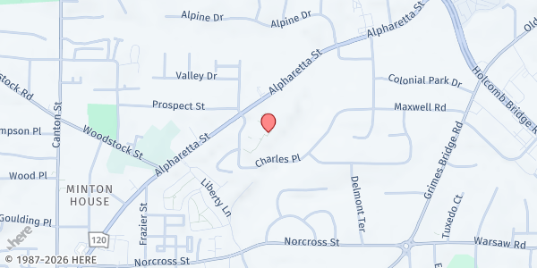 Map showing Home Church Roswell at 1201 Alpharetta Street, Roswell, GA