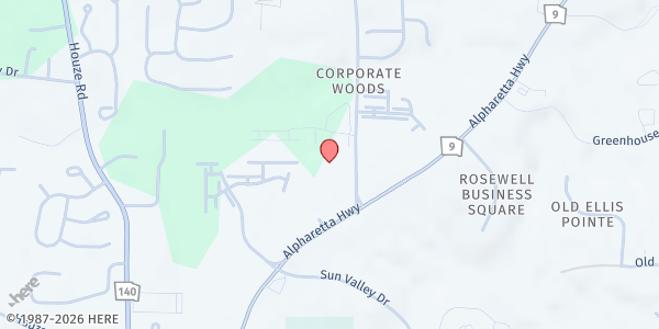 Map showing North Fulton Community Charities - Food Bank at 11270 Elkins Road, Roswell, GA