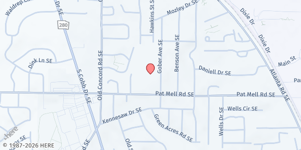 Map showing The Church at Green Acres at 591 Pat Mell Rd. SE, Smyrna, GA