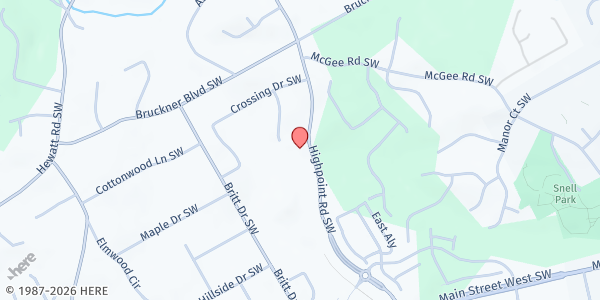 Map showing Purpose World Church at 1905 Highpoint Rd., Snellville, GA