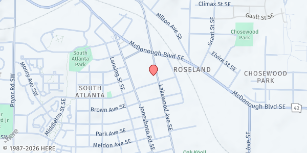 Map showing Word of God In Christ Full Gospel at 1401 Lakewood Avenue Southeast, South Atlanta, GA