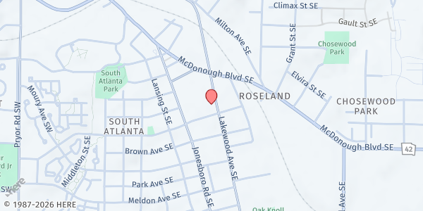 Map showing Word of God In Christ Full Gospel Church at 1401 Lakewood Avenue Southeast, South Atlanta, GA