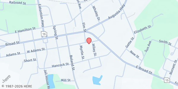 Map showing Apostolic Faith Kingdom Life Fellowship Ministries at 77 E. Adams St., Sparta, GA