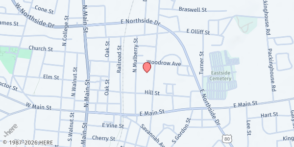 Map showing Christian Social Ministry at 31 N. Zetterower Ave., Statesboro, GA