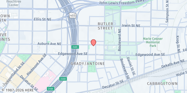 Map showing Wheat Street Baptist Church Action Mission Ministry at 18 William Holmes Borders Senior Drive Northeast, Sweet Auburn, GA