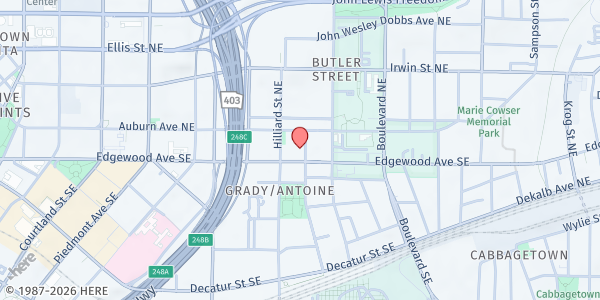 Map showing Wheat Street Baptist Church Food Pantry at 18 William Holmes Borders Senior Drive Northeast, Sweet Auburn, GA